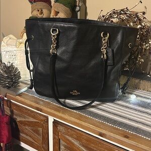 Coach Black Pebbled leather Tote with Gold Details